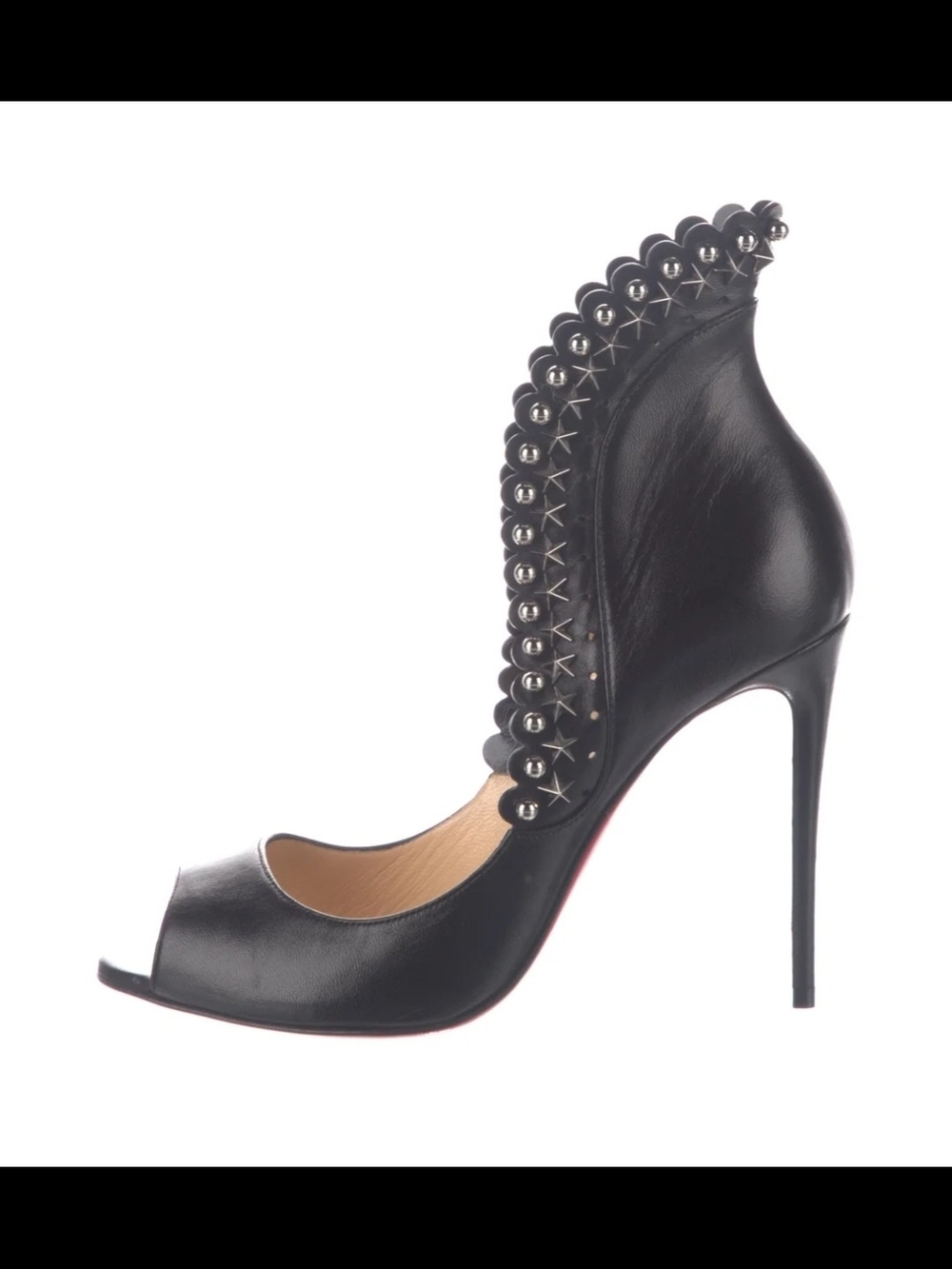 Christian Louboutin Black Leather Studded Scallop Peep-Toe Stiletto